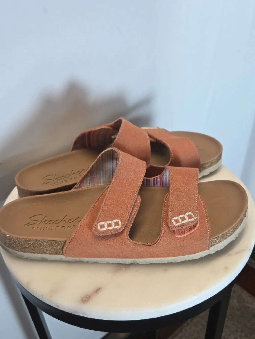 Skechers Women's Rust Faux Suede Double-Strap Cork Slide Sandals